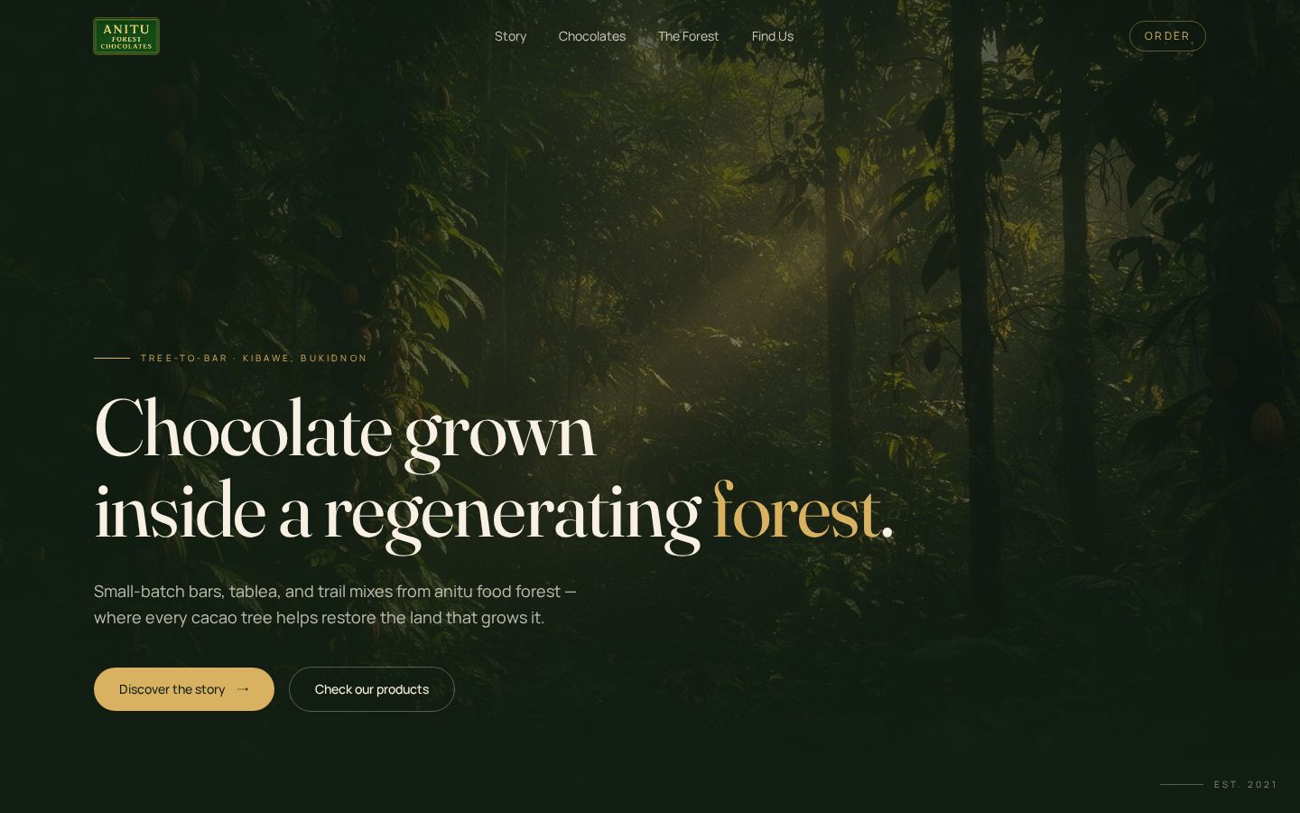 Anitu Forest Chocolates homepage on desktop