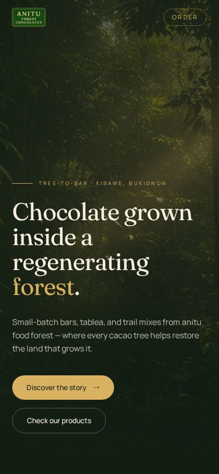 Anitu Forest Chocolates homepage on mobile