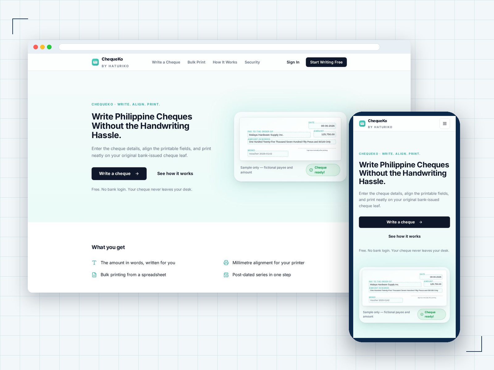 ChequeKo website shown on desktop and mobile