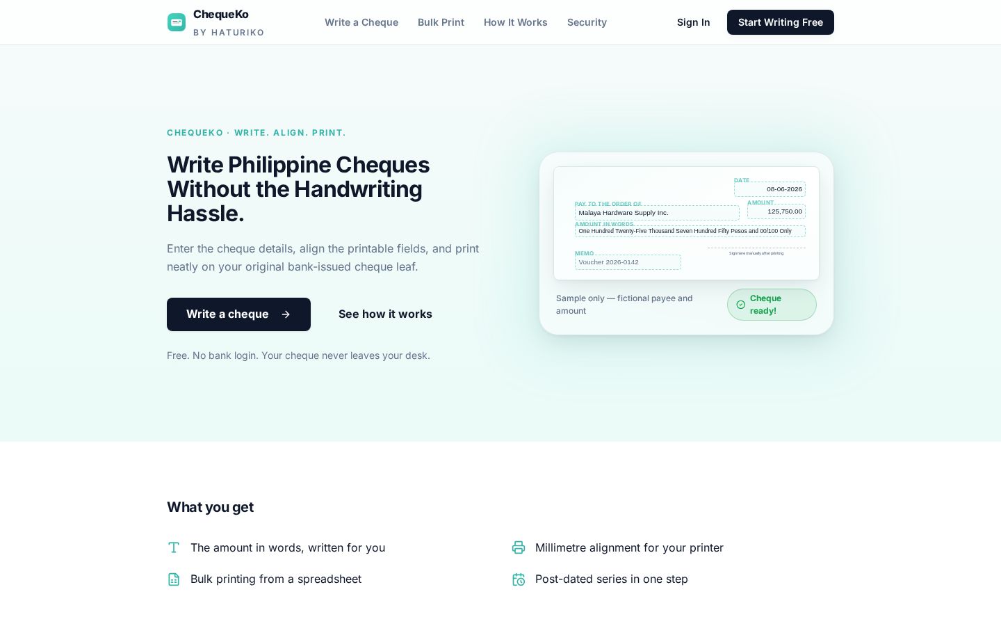 ChequeKo homepage on desktop