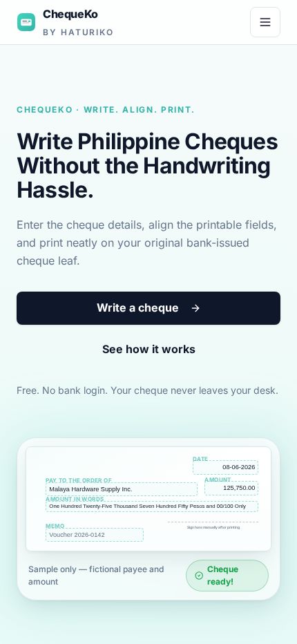 ChequeKo homepage on mobile
