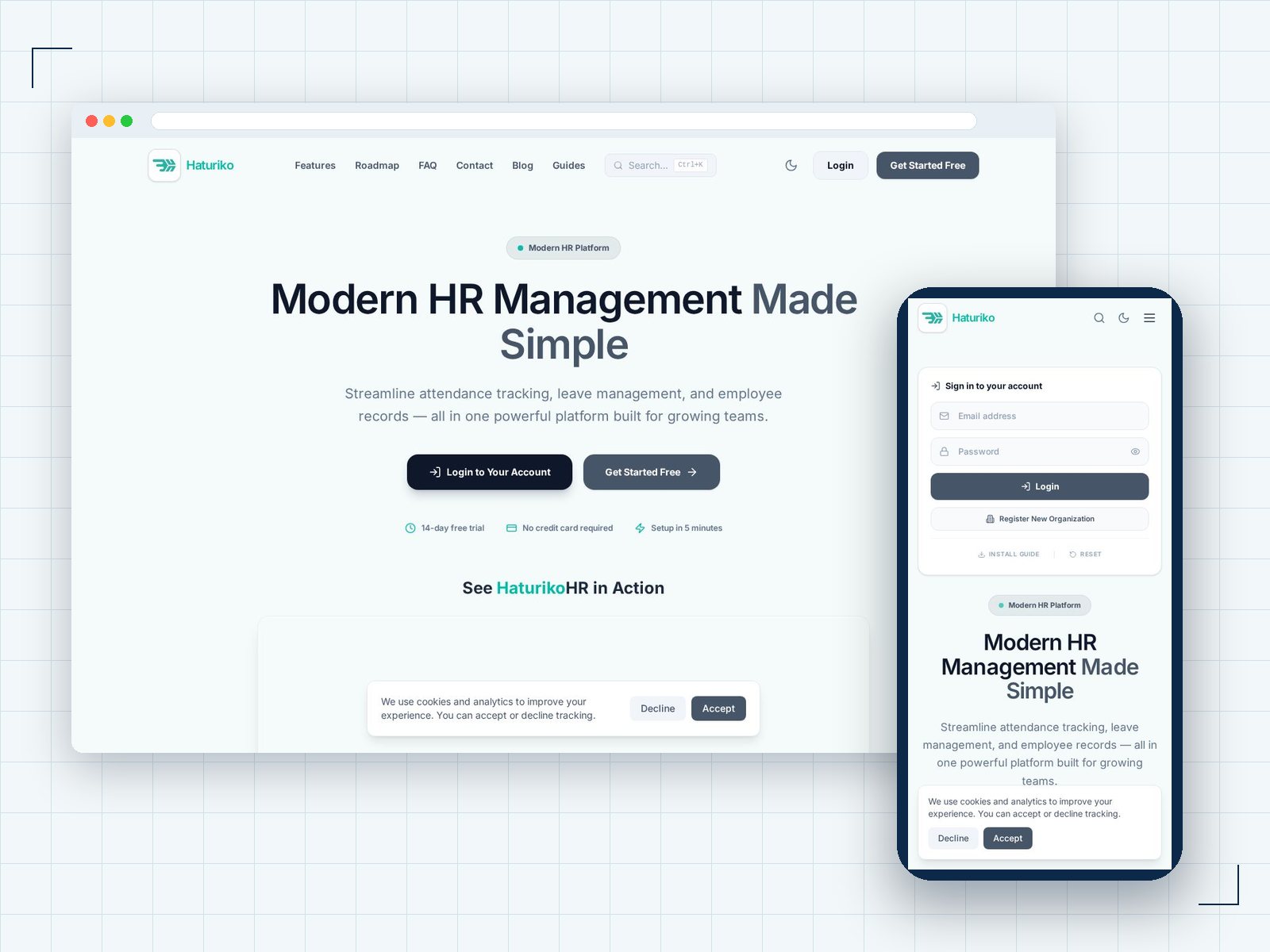 Haturiko HRIS website shown on desktop and mobile