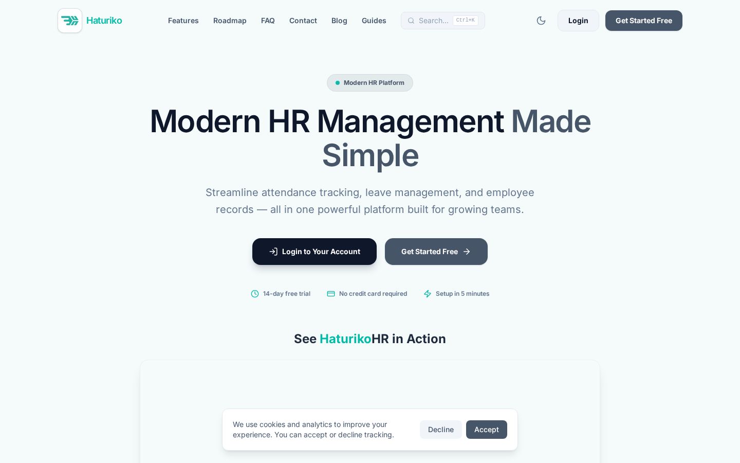 Haturiko HRIS homepage on desktop
