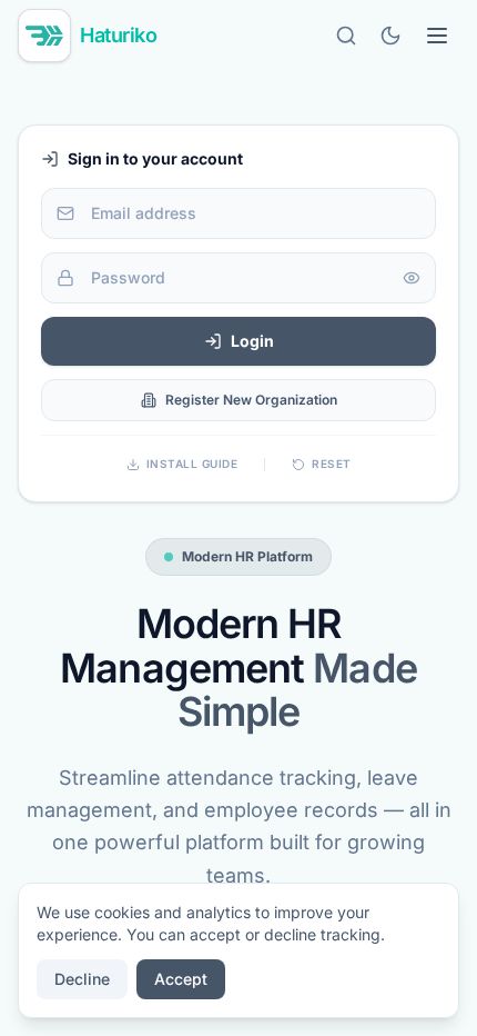 Haturiko HRIS homepage on mobile