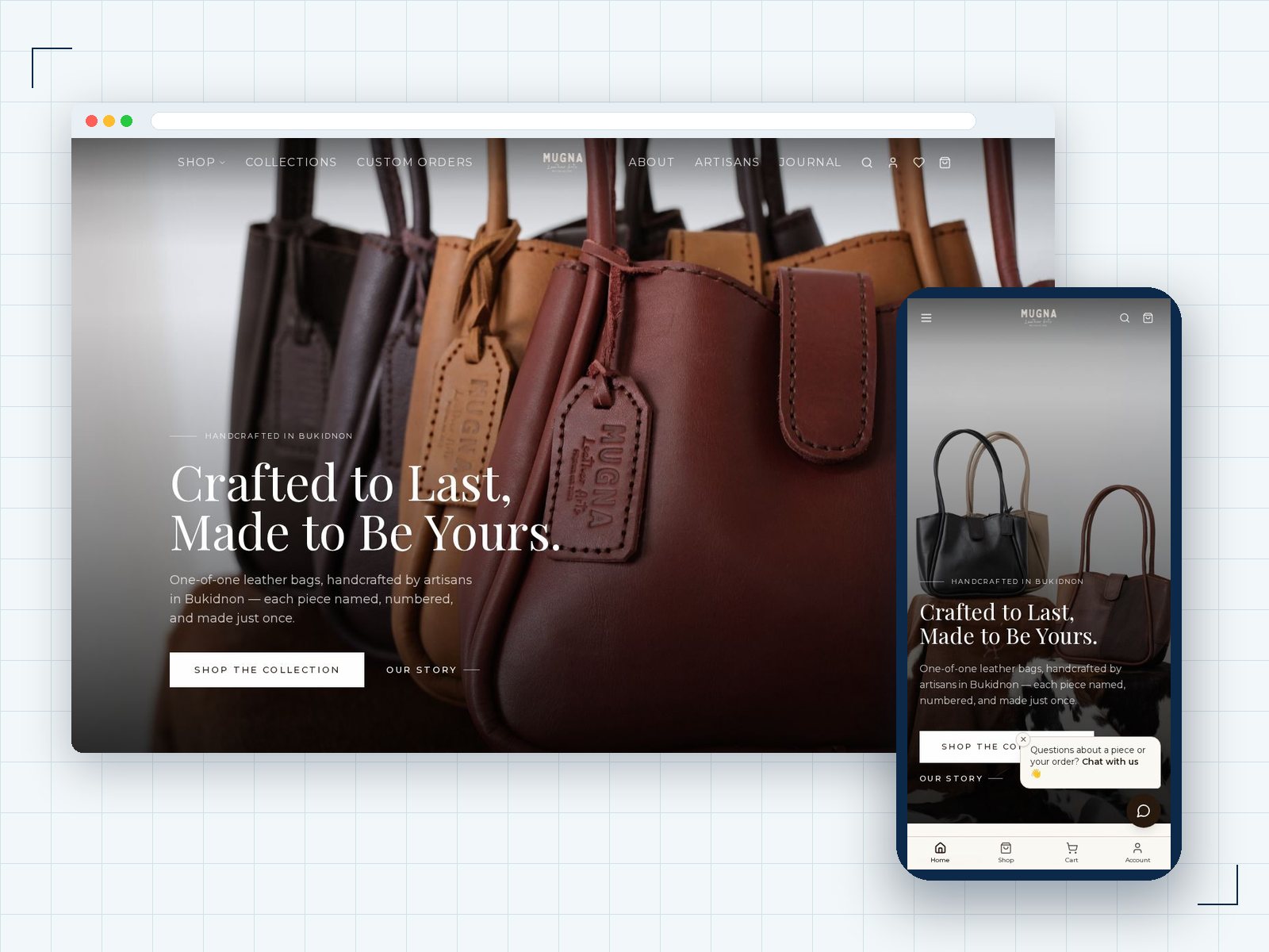 Mugna Leather Arts website shown on desktop and mobile