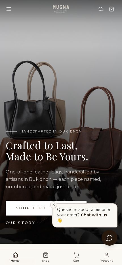 Mugna Leather Arts homepage on mobile